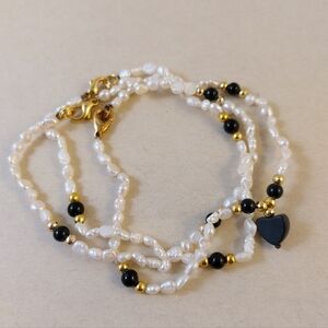 Chic Freshwater Pearl and Black Bead Bracelets with Gold Accents
